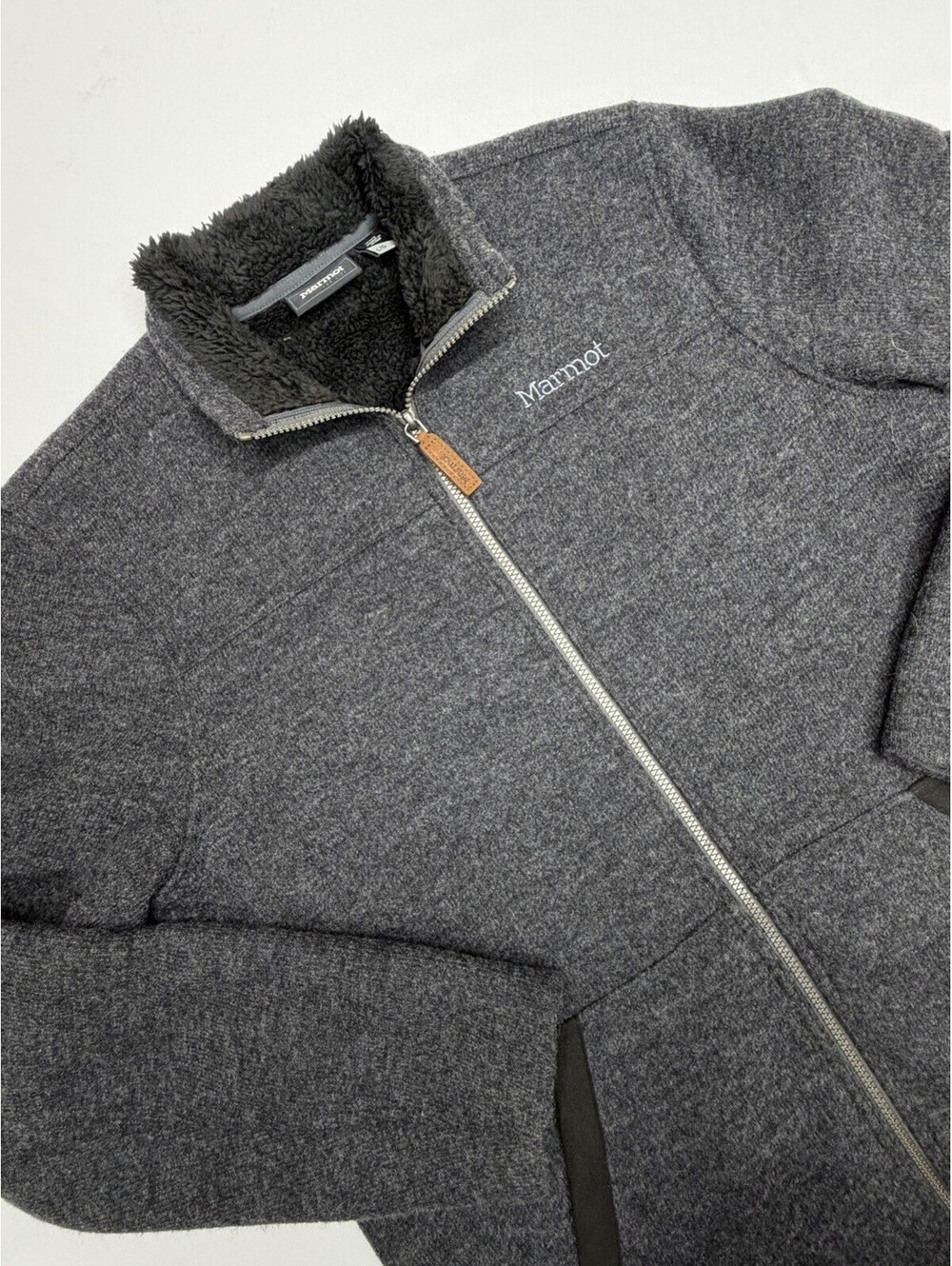 Marmot Wool Jacket Sherpa Lining Full Zip Gray Heather Size Large Warm Luxurious